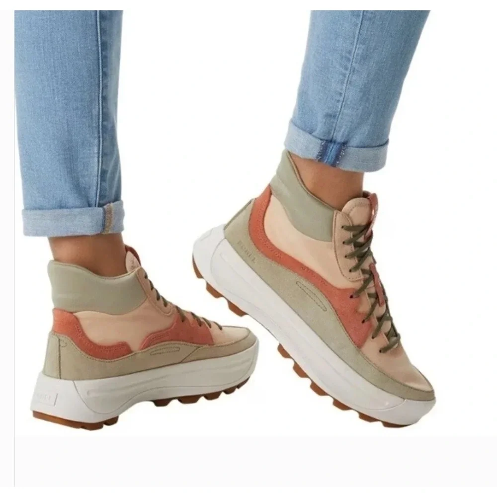 Sorel Kinetic Breakthru Day Lace Sneakers Womens 8 Peach Sage Mid Top Trainers